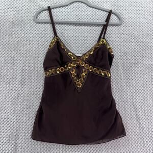 Charlotte Russe Top Womens M Brown Gold Sequins Babydoll Y2K Chiffon Lined Tie